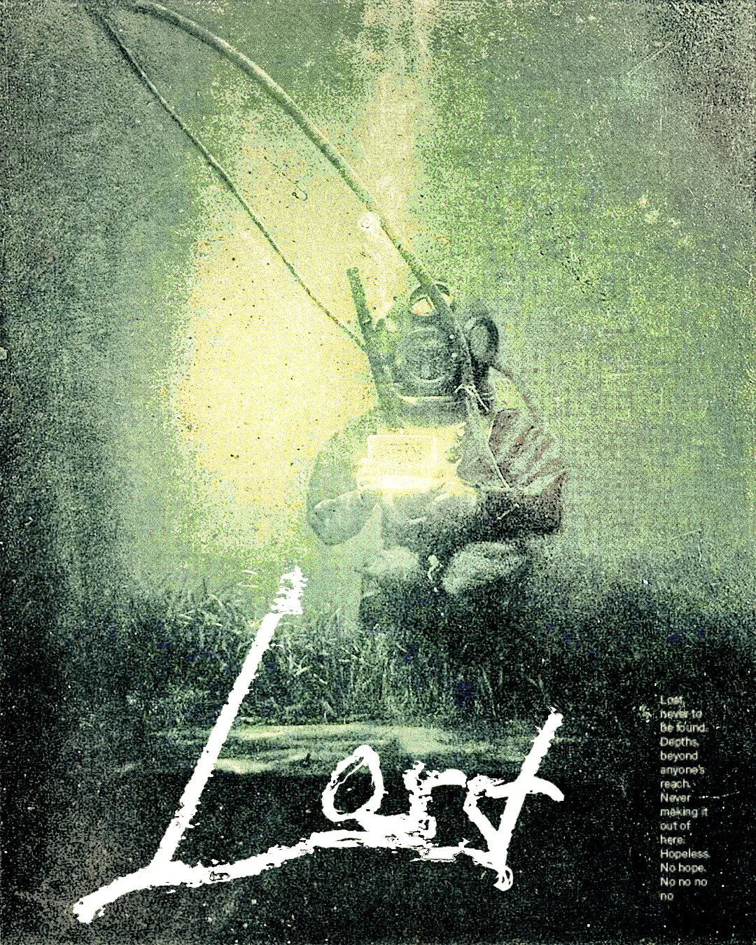 poster design of a man in the depths of the ocean, wearing archaic diving equipment, holding a mysterious glowing object.
